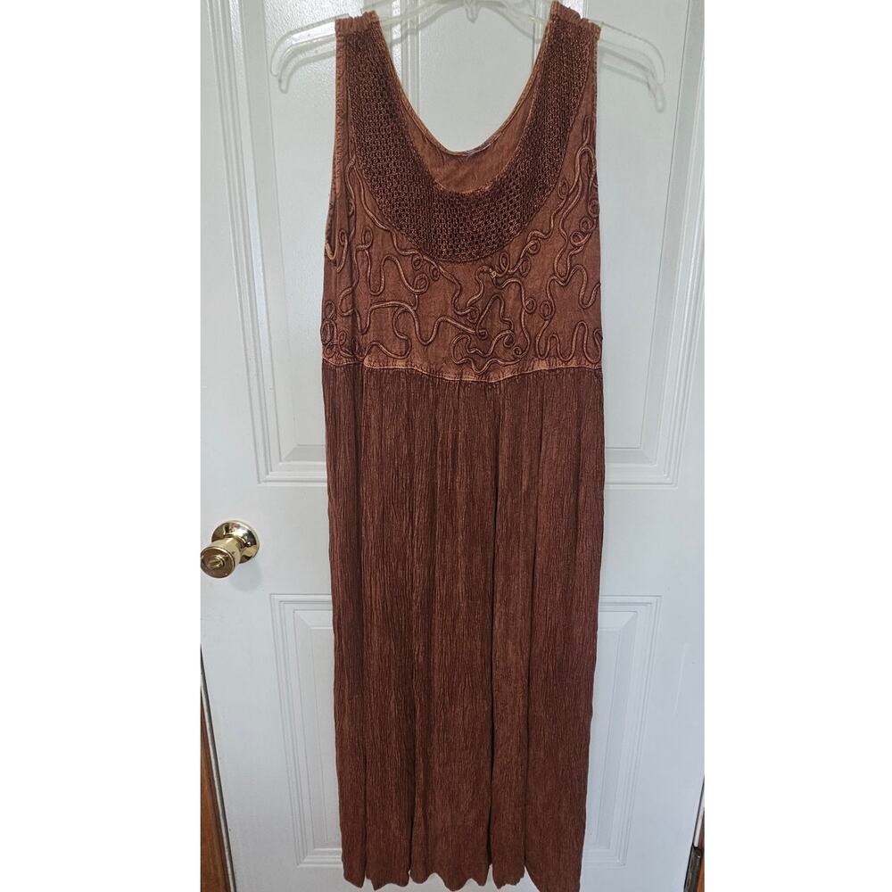 Vintage 90s Boho Crinkle Maxi Dress Embroidered Soutache Empire Waist Brown